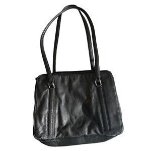Derek Alexander Black Leather Multi Zip Organizer Shoulder Bag